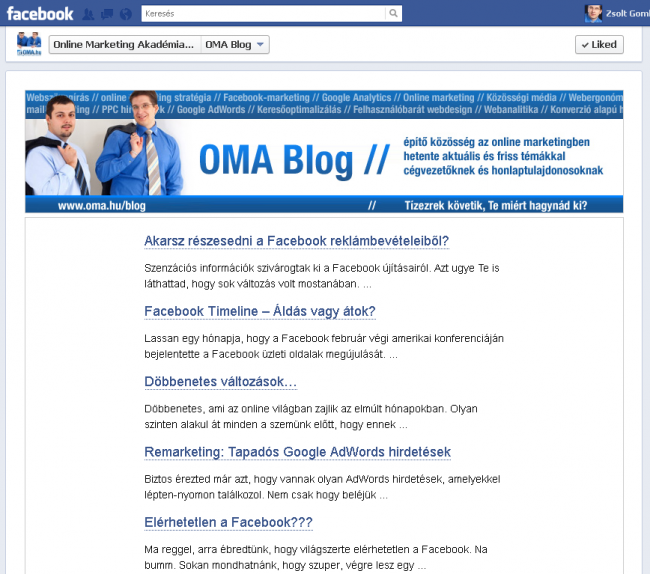 OMA Blog a Facebookon - Facebook alkalmazással
