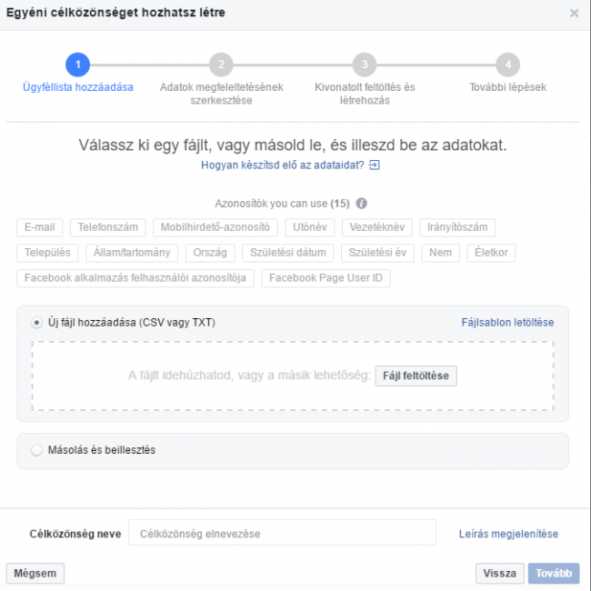 Facebook egyéni célközönség létrehozása adatok alapján