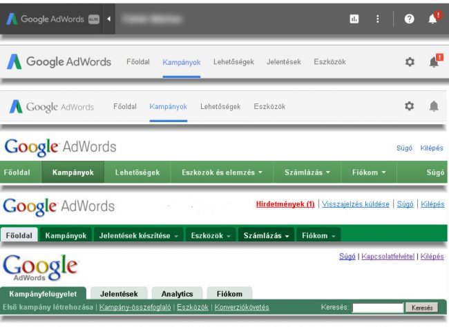 A Google AdWords kezelőfelület változásai az idők során